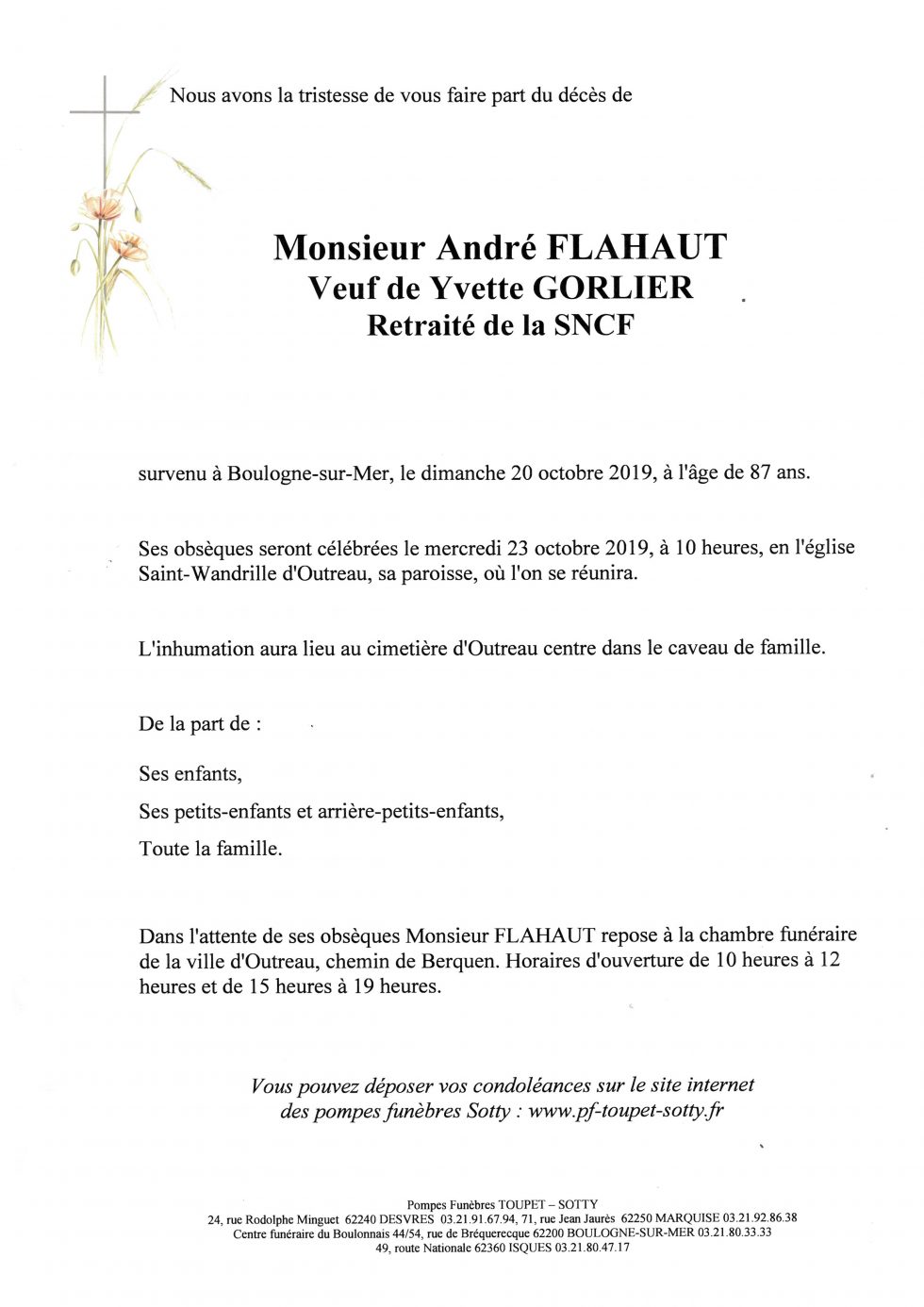 Avis De Deces Pompes Funebres Flahaut Haspres