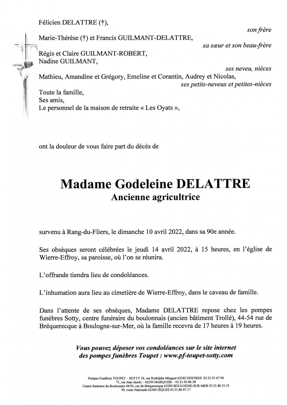 Avis De Décès Pompes Funèbres Delattre Noyon