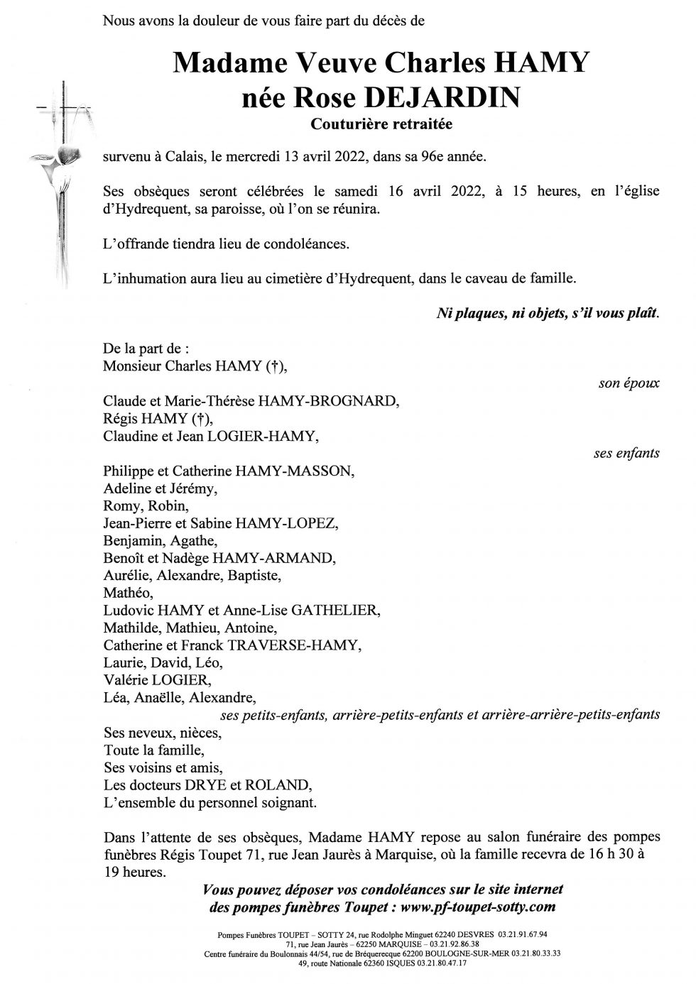 Avis De Décès Pompes Funèbres Hamy Anvin